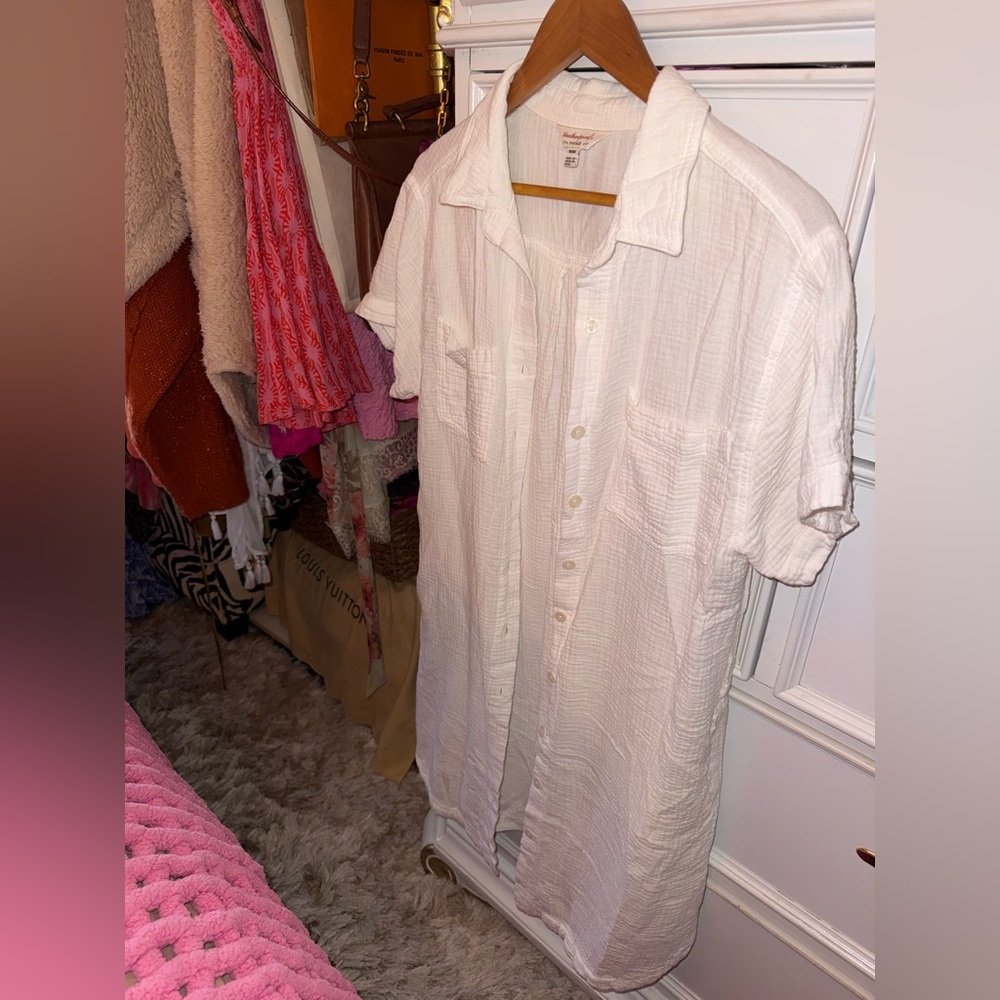 100% Cotton Casual White Button-Up Shirt Dress/Beach Cover Up, Size Medium - Picture 7 of 16